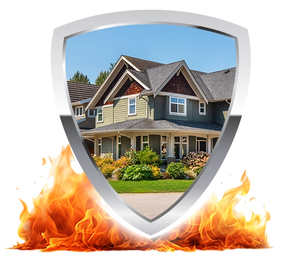 Shield and home icon symbolizing fire prevention and protection