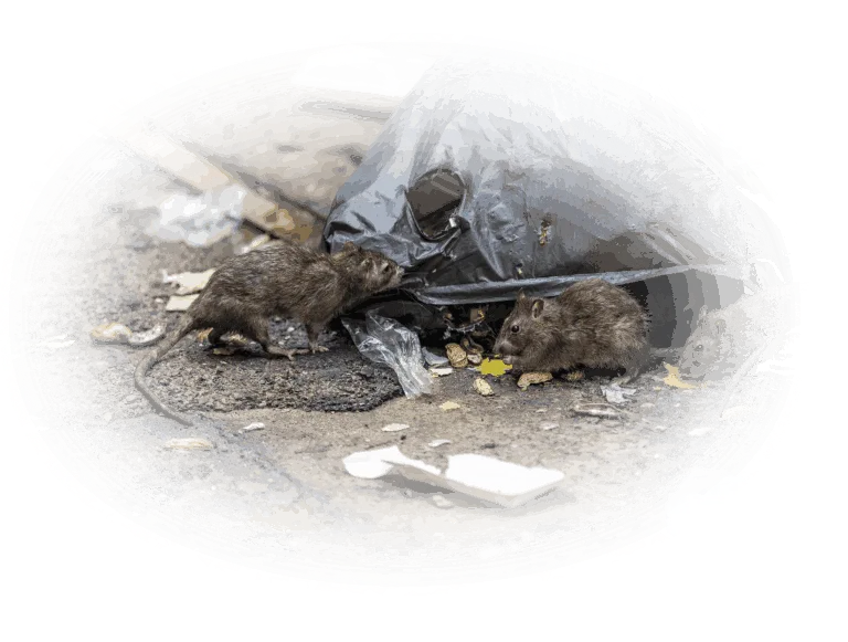 Rats scavenging around a torn garbage bag on the street.