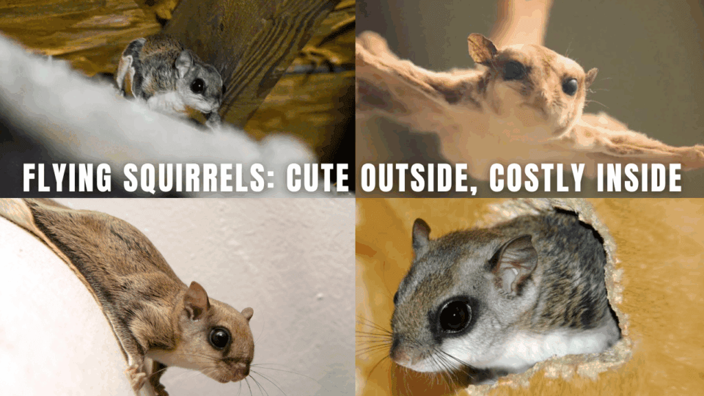 Flying squirrels inside attics and walls showing damage risks — Flying Squirrels Removal in Charlotte by PCA Wildlife.