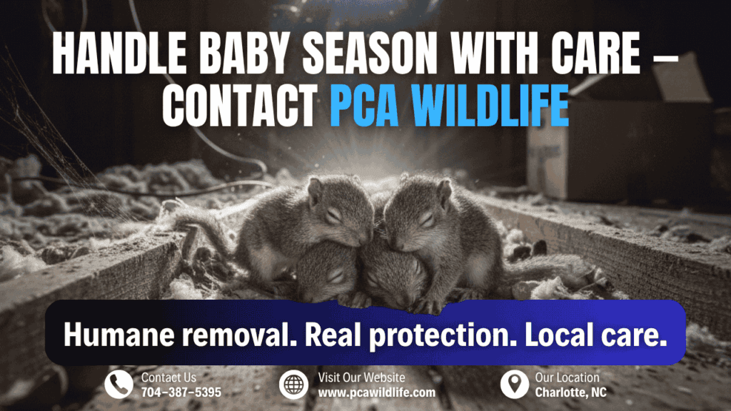 Three baby squirrels cuddled together in an attic with text “Handle Baby Season with Care.