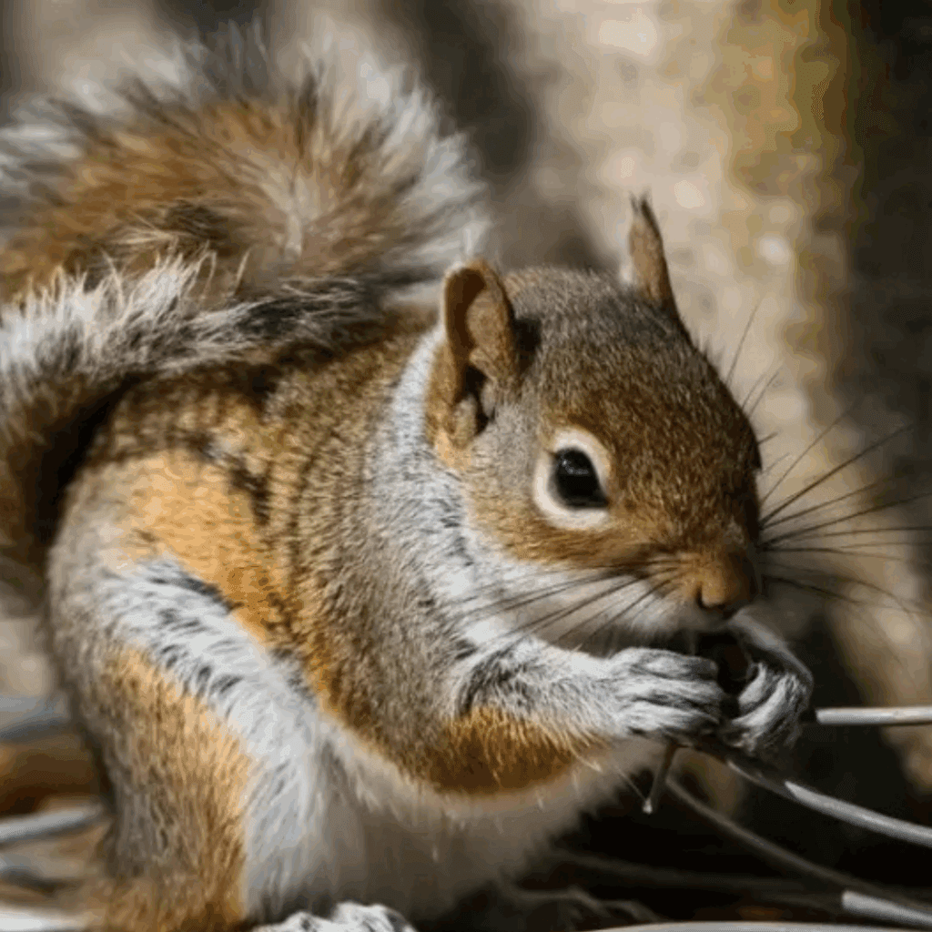 Squirrel chewing a wire.