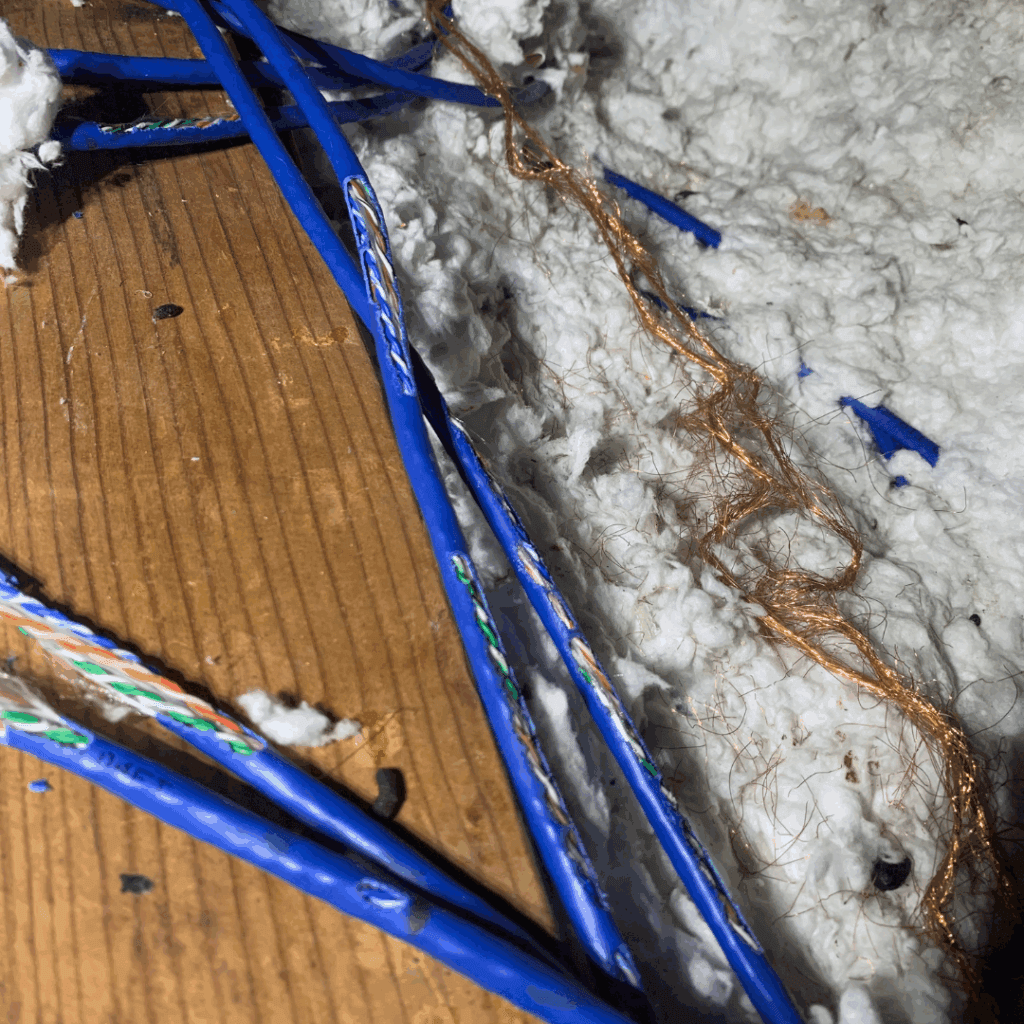 Chewed and destroyed wire.