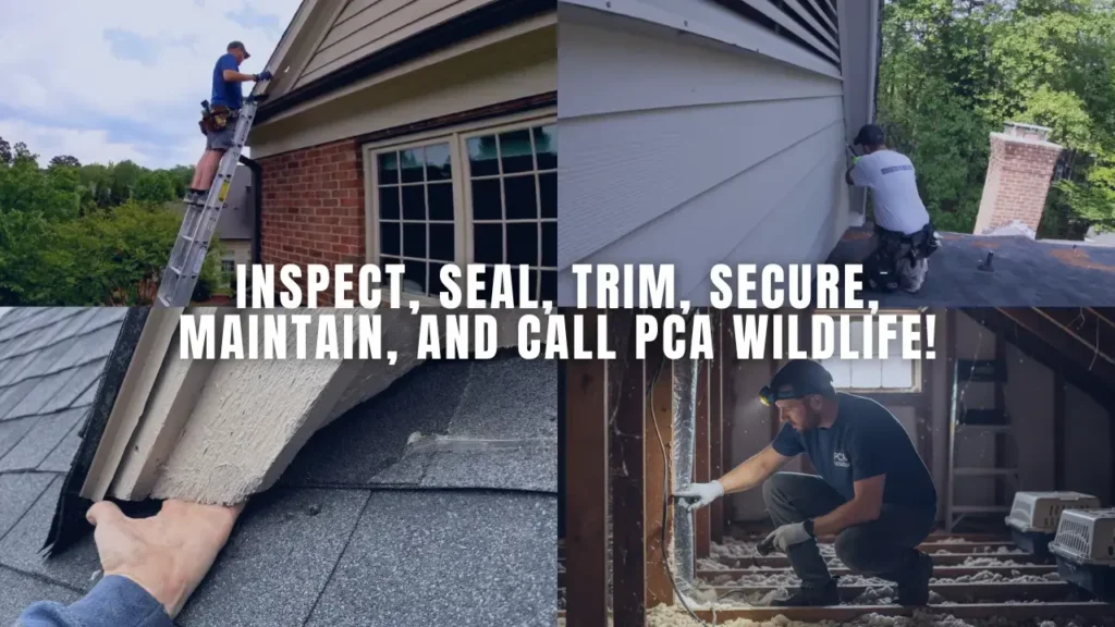 Image showing a technician inspecting the roof, sealing gaps, and working inside an attic, with the message: 'Inspect, seal, trim, secure, maintain, and call PCA Wildlife!' to promote proactive attic maintenance and wildlife prevention in Charlotte.