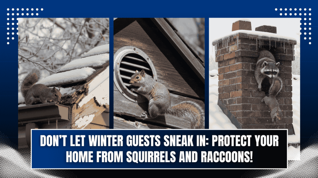 Winter roofline protection shown with squirrels and raccoons exploring damaged roof edges, vents, and a snowy chimney, highlighting the need to secure homes from wildlife in winter.