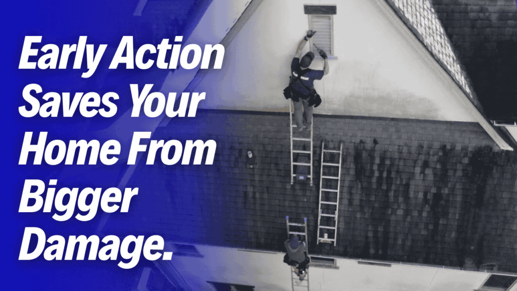 Technicians on ladders securing a gable vent on a home exterior, illustrating Common Entry Points Wildlife Uses and emphasizing that early action helps prevent bigger wildlife damage to houses.