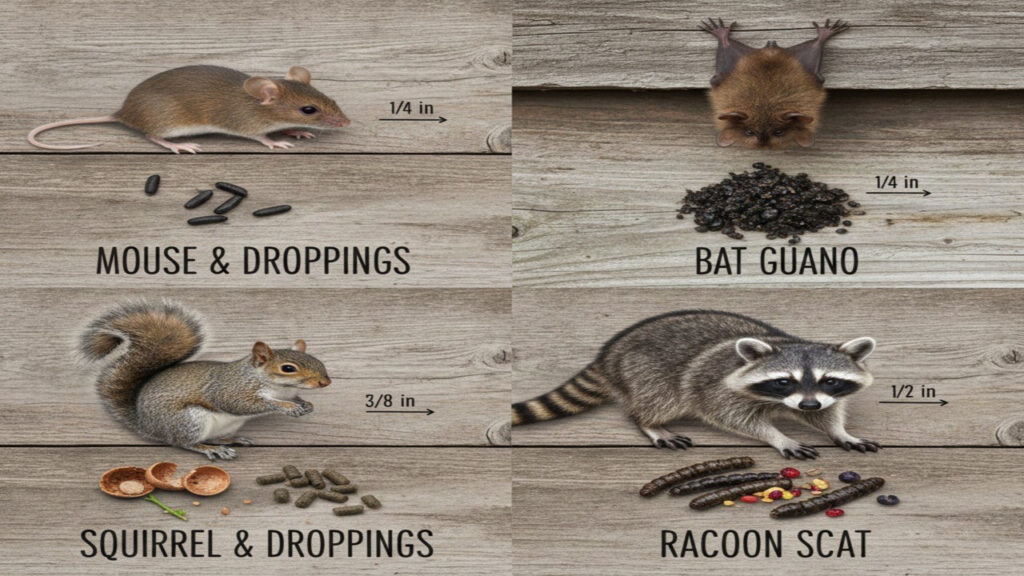 Guide showing mouse, bat, squirrel, and raccoon droppings in your home, with animals pictured and measurements for size comparison.