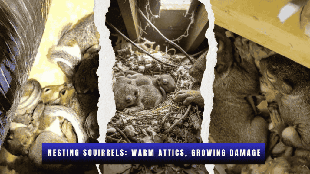 Nesting squirrels in attic shown in a collage of baby squirrels resting in nests made of insulation and debris.