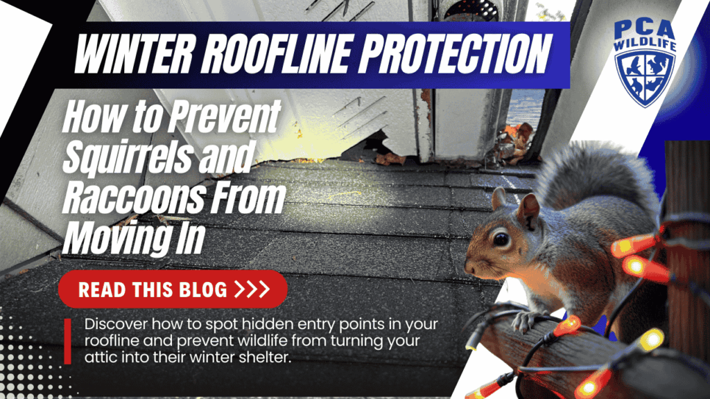 Winter Roofline Protection guide showing a squirrel near a roofline, highlighting how to prevent wildlife from entering attics during winter.