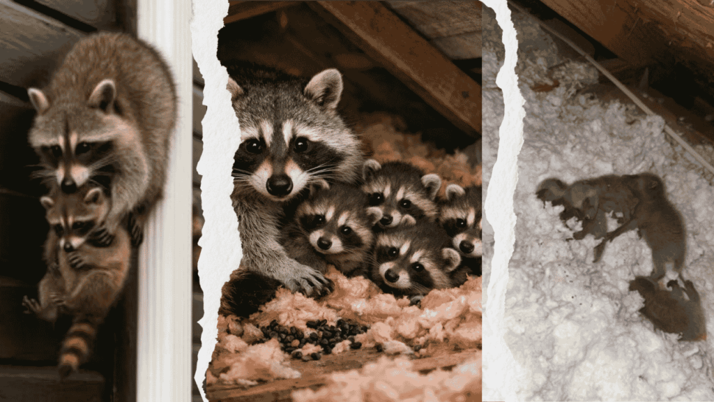 Left: mother raccoon carrying baby raccoon, middle: mother raccoon embracing her babies, right: baby raccoons in a family group during nesting season.
