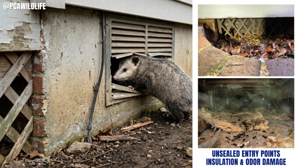 Opossum crawlspace entry points under house showing common gaps and openings used by wildlife to access residential structures