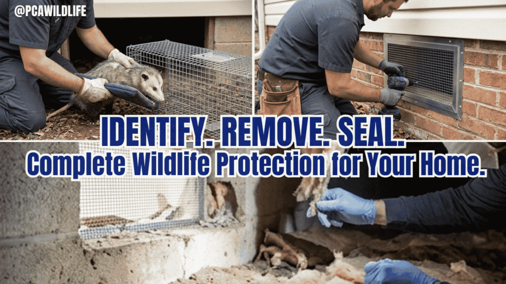 Wildlife removal technician identifying and sealing opossum crawlspace entry points to prevent re-entry into residential home.