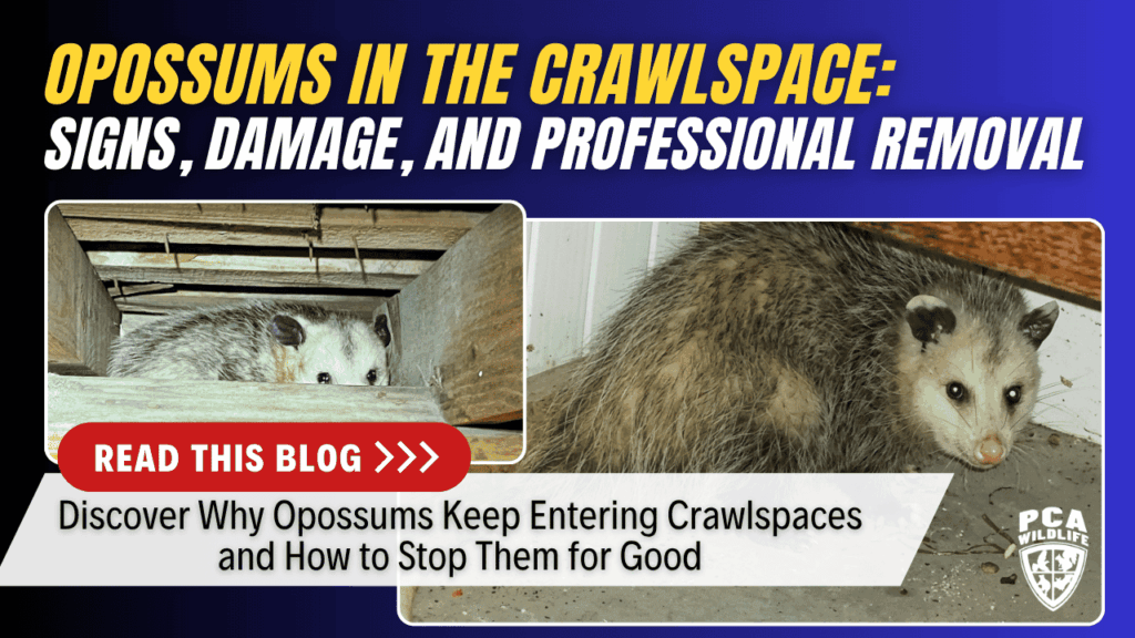 Opossum in crawlspace insulation under house indicating need for professional wildlife removal in Charlotte NC.