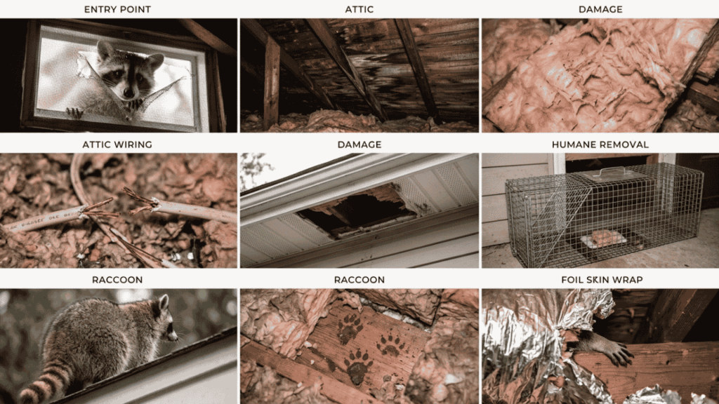 Signs of raccoons in the attic including entry points, insulation damage, chewed wiring, roof damage, and humane removal.