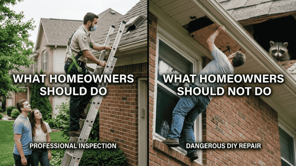 Homeowner choosing professional raccoon inspection instead of dangerous DIY repair near attic entry point.