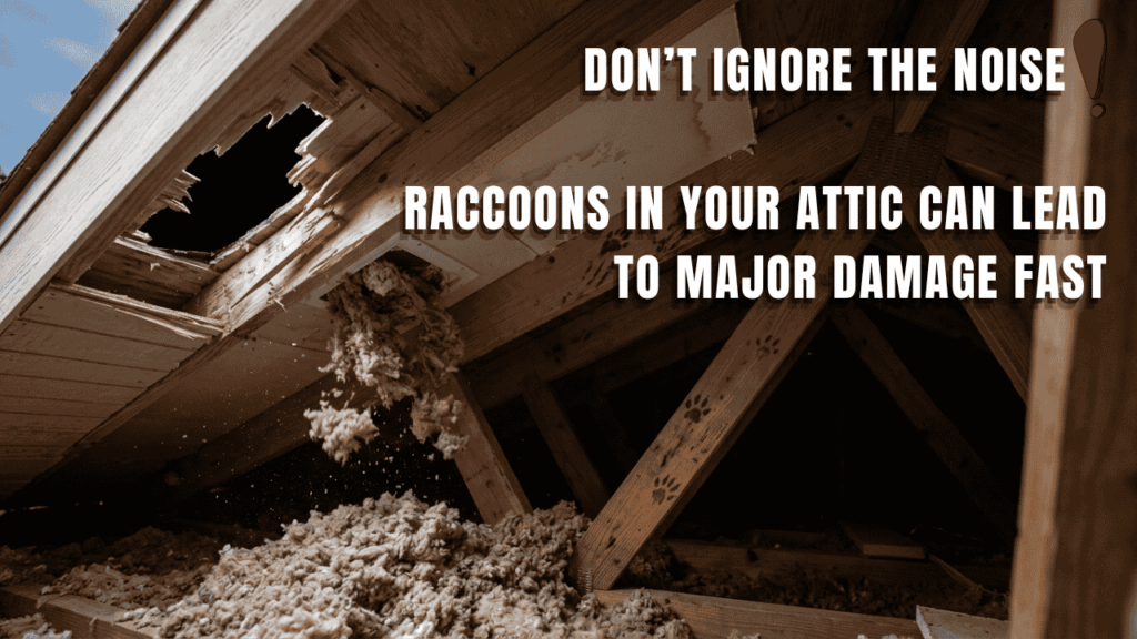 Damaged attic insulation and wood caused by raccoon nesting activity in a residential home.
