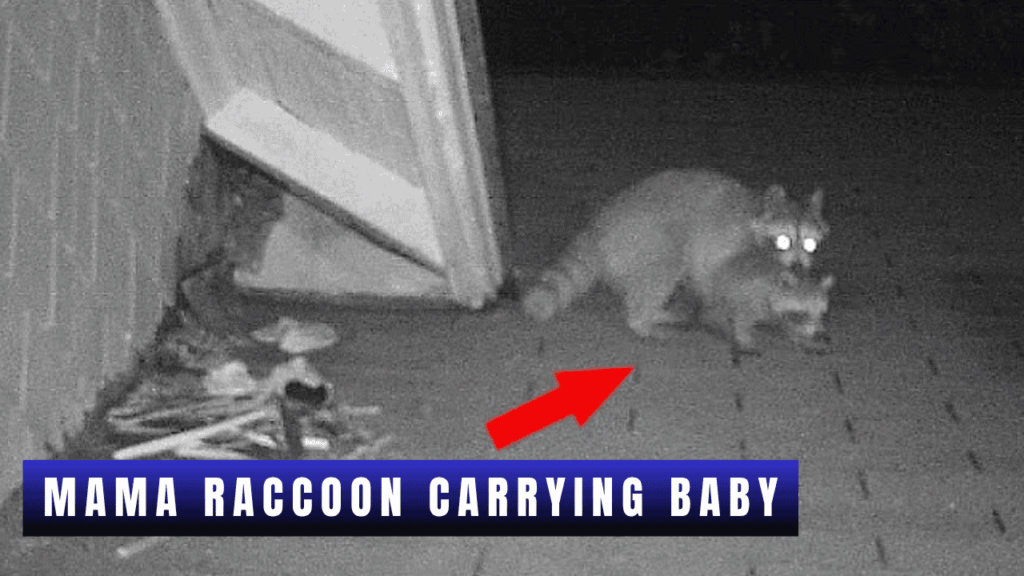 Mother raccoon carrying baby raccoon during nesting season in residential area.