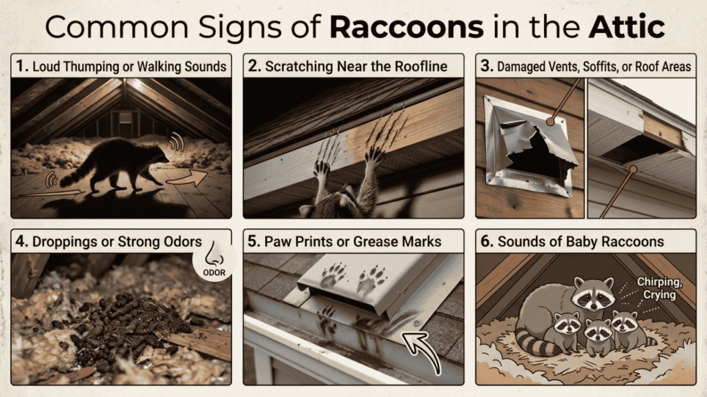 Common signs of raccoons in the attic including loud thumping, scratching near the roofline, damaged vents, droppings, paw prints, and baby raccoon sounds.