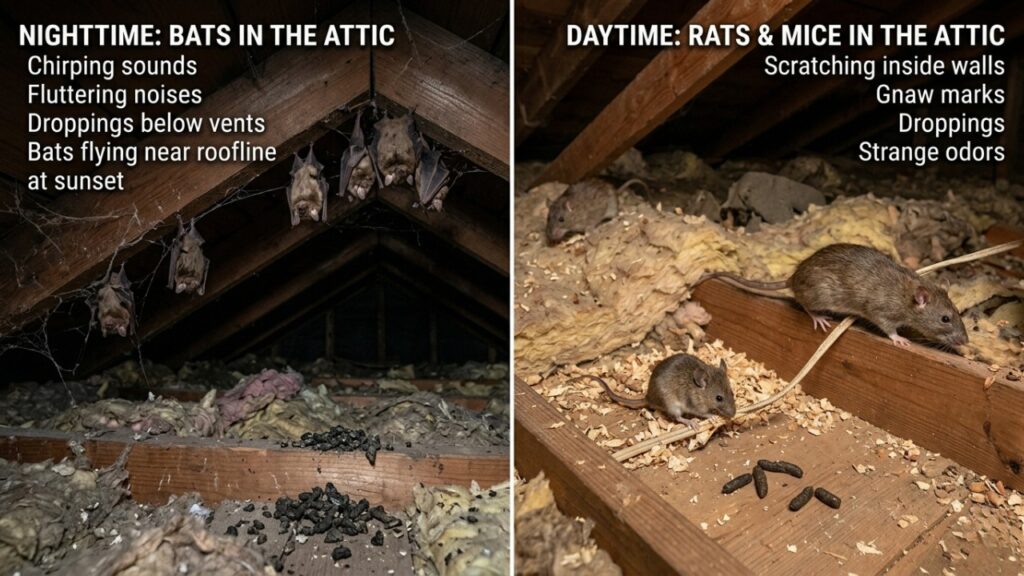 Split-screen attic comparison showing bats hanging at night and rats and mice in attic during daytime with signs of infestation like droppings, scratching, and gnaw marks.