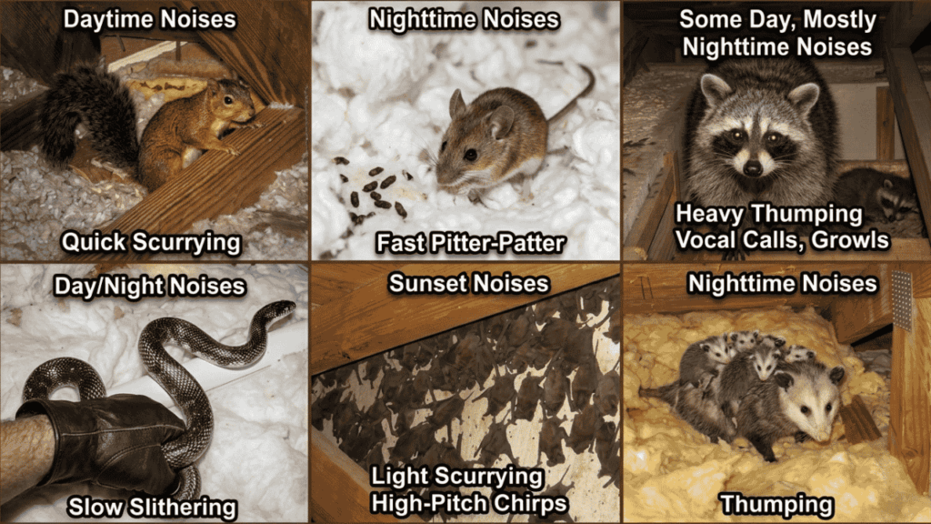Common attic wildlife noises from squirrels, mice, raccoons, snakes, bats, and opossums inside Charlotte NC homes