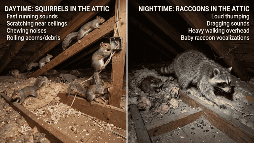 Squirrels and raccoons in attic showing daytime and nighttime activity and noises.