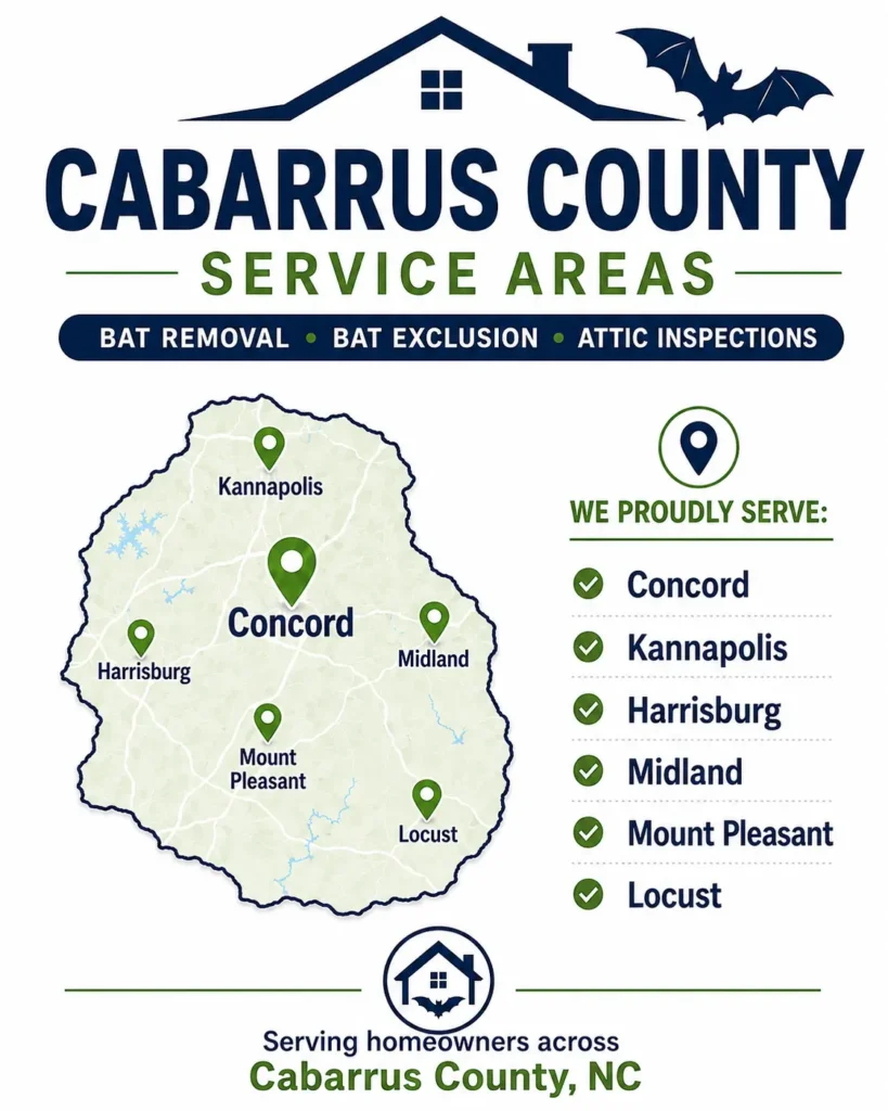 PCA Wildlife bat removal service areas in Cabarrus County NC including Concord, Kannapolis, Harrisburg, Midland, Mount Pleasant, and Locust.