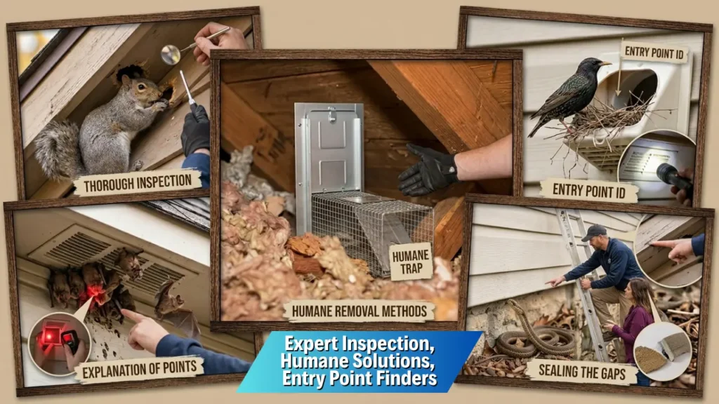 PCA Wildlife inspection and humane wildlife removal services showing entry point identification, attic wildlife trapping, bat removal, squirrel activity, snake issues, and sealing gaps around a home.