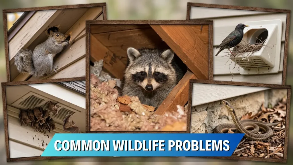 Common wildlife problems including raccoons, squirrels, bats, birds, and snakes entering attics, vents, rooflines, and crawl spaces.