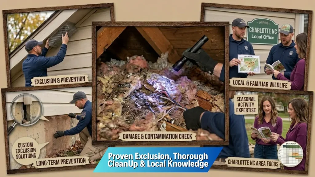 PCA Wildlife exclusion and prevention services showing attic damage inspection, contamination checks, custom wildlife exclusion, cleanup, and local wildlife control in Charlotte NC.