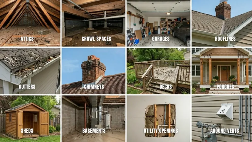 Common places to find wildlife droppings around your property including attics, crawl spaces, rooflines, gutters, decks, porches, and vents.