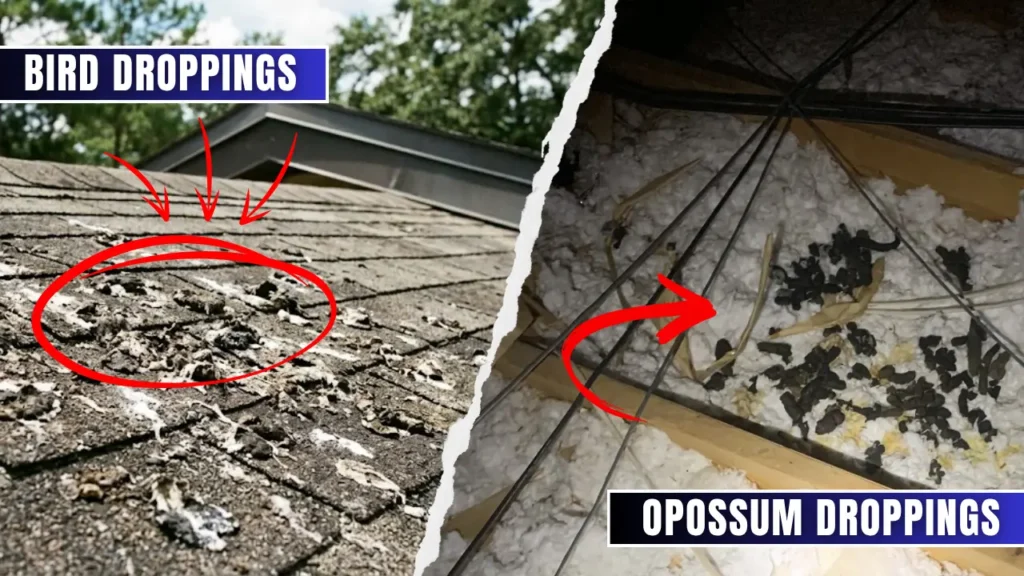 Wildlife droppings around your property including bird droppings on roof shingles and opossum droppings in an attic.