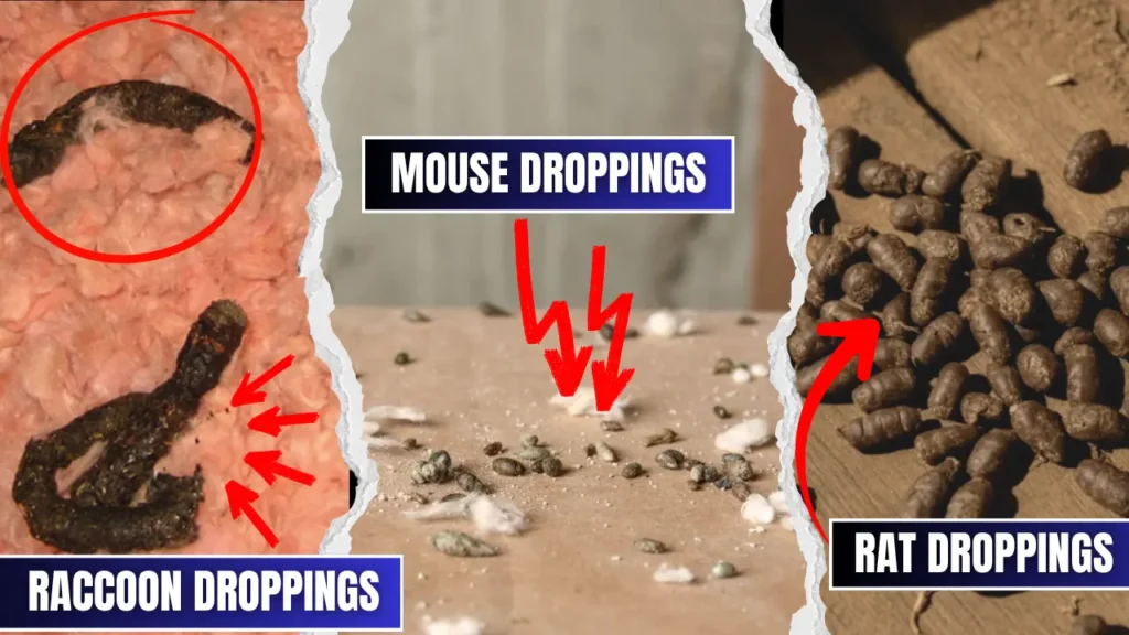 Raccoon, mouse, and rat droppings around a property showing common wildlife dropping signs.