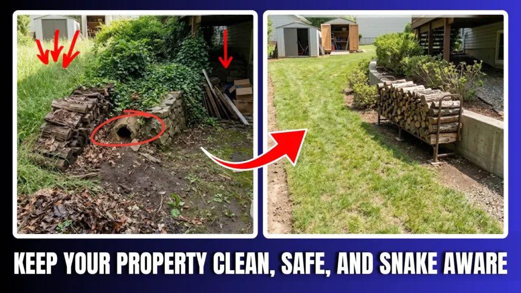 Overgrown yard and stacked firewood cleaned up to reduce snake hiding places around a property.