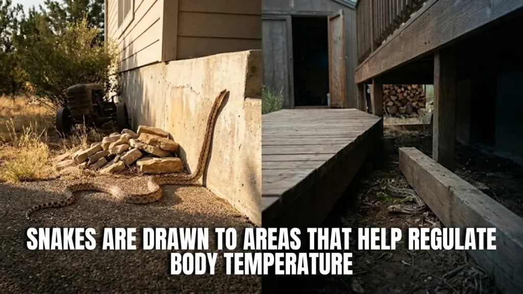 Snake resting near a warm foundation and shaded deck areas that help regulate its body temperature.