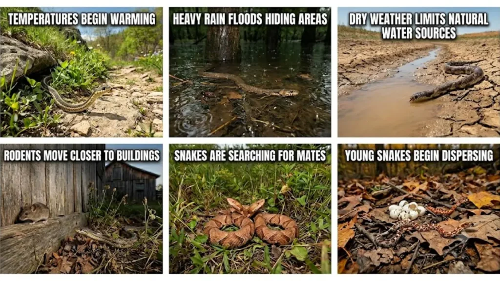 Weather and seasonal conditions that explain why snakes keep showing up, including heat, rain, drought, rodents, mating, and young snakes dispersing.