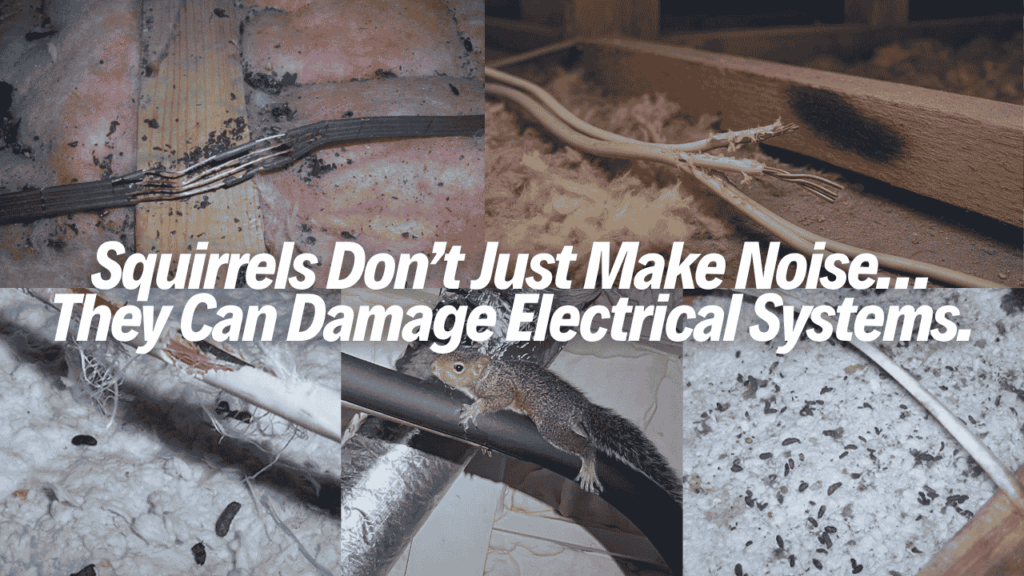 Collage showing squirrel damage in an attic, including chewed electrical wires, droppings, insulation damage, and a squirrel near attic wiring.