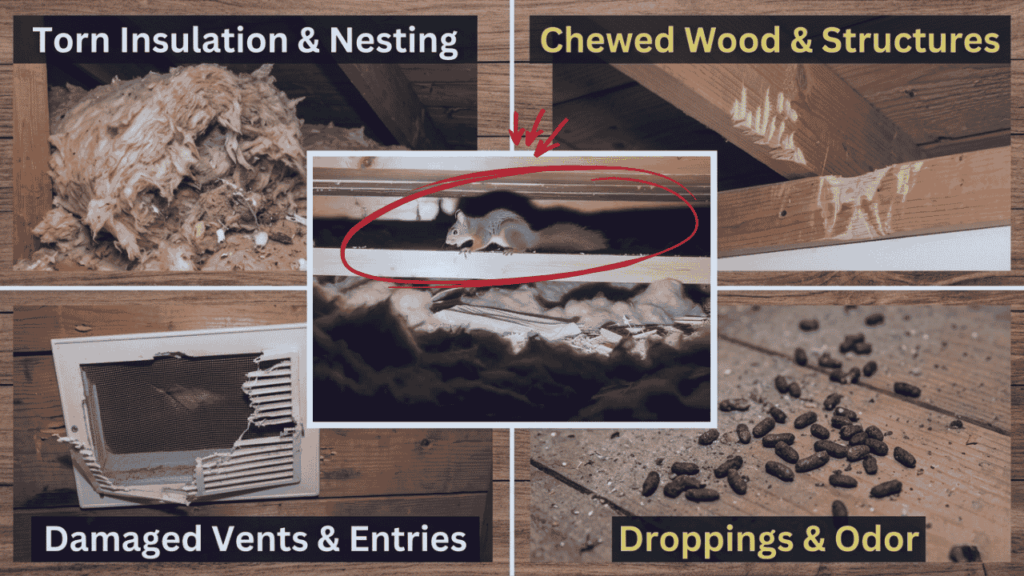Squirrel damage in an attic showing torn insulation, chewed wood, damaged vent entry points, droppings, odor, and a squirrel nesting near the roofline
