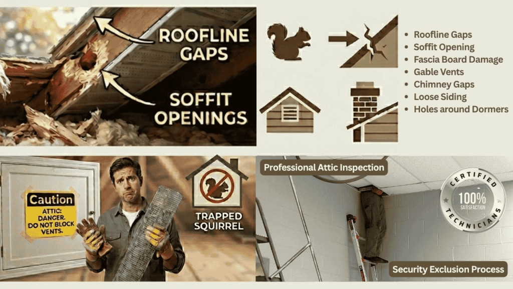 Common squirrel entry points around a home showing roofline gaps, soffit openings, fascia damage, gable vents, chimney gaps, loose siding, and professional attic inspection.