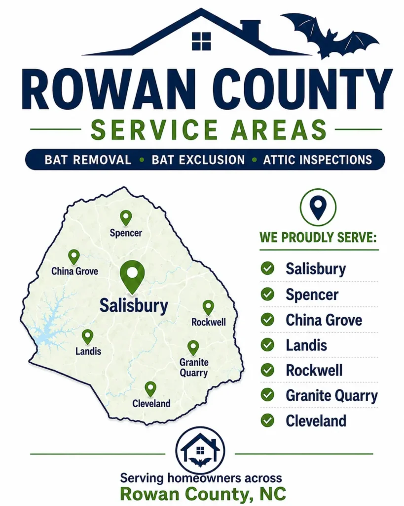 PCA Wildlife bat removal service areas in Rowan County NC including Salisbury, Spencer, China Grove, Landis, Rockwell, Granite Quarry, and Cleveland.