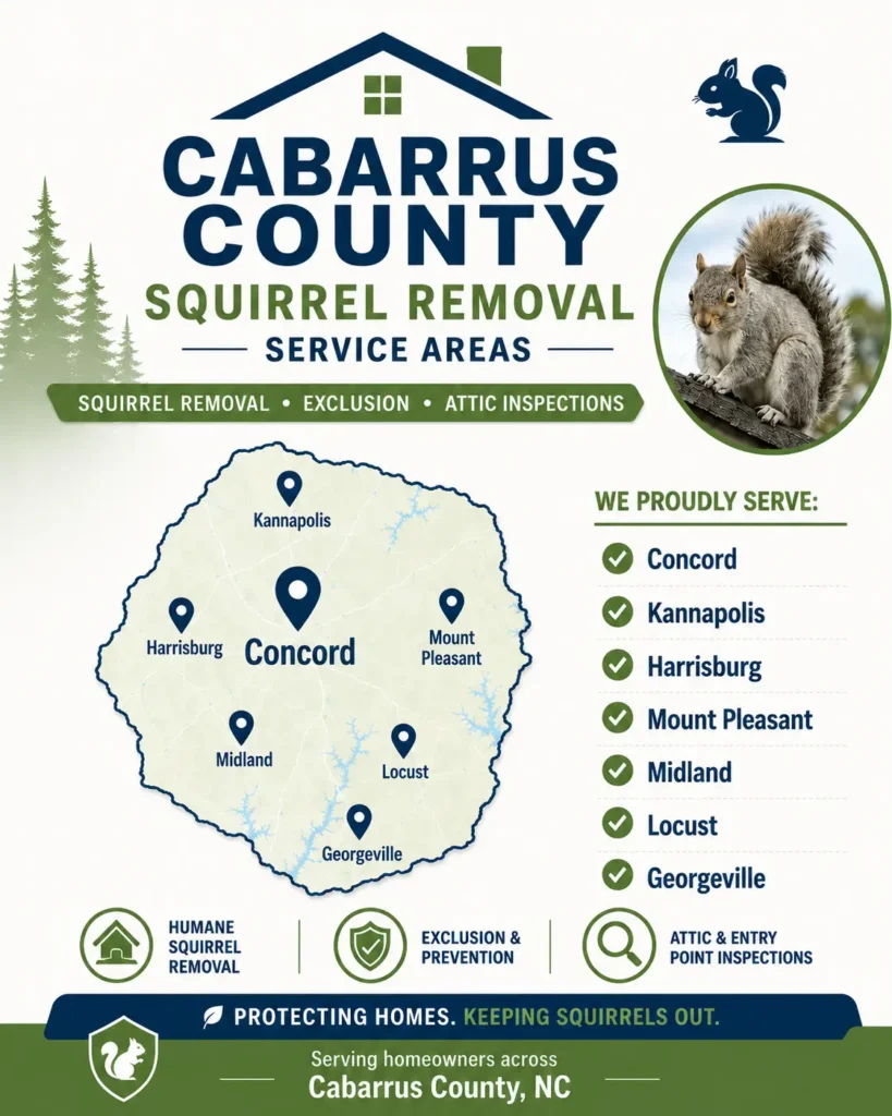Cabarrus County NC squirrel removal service area map for PCA Wildlife, featuring Concord, Kannapolis, Harrisburg, Mount Pleasant, Midland, Locust, and Georgeville.