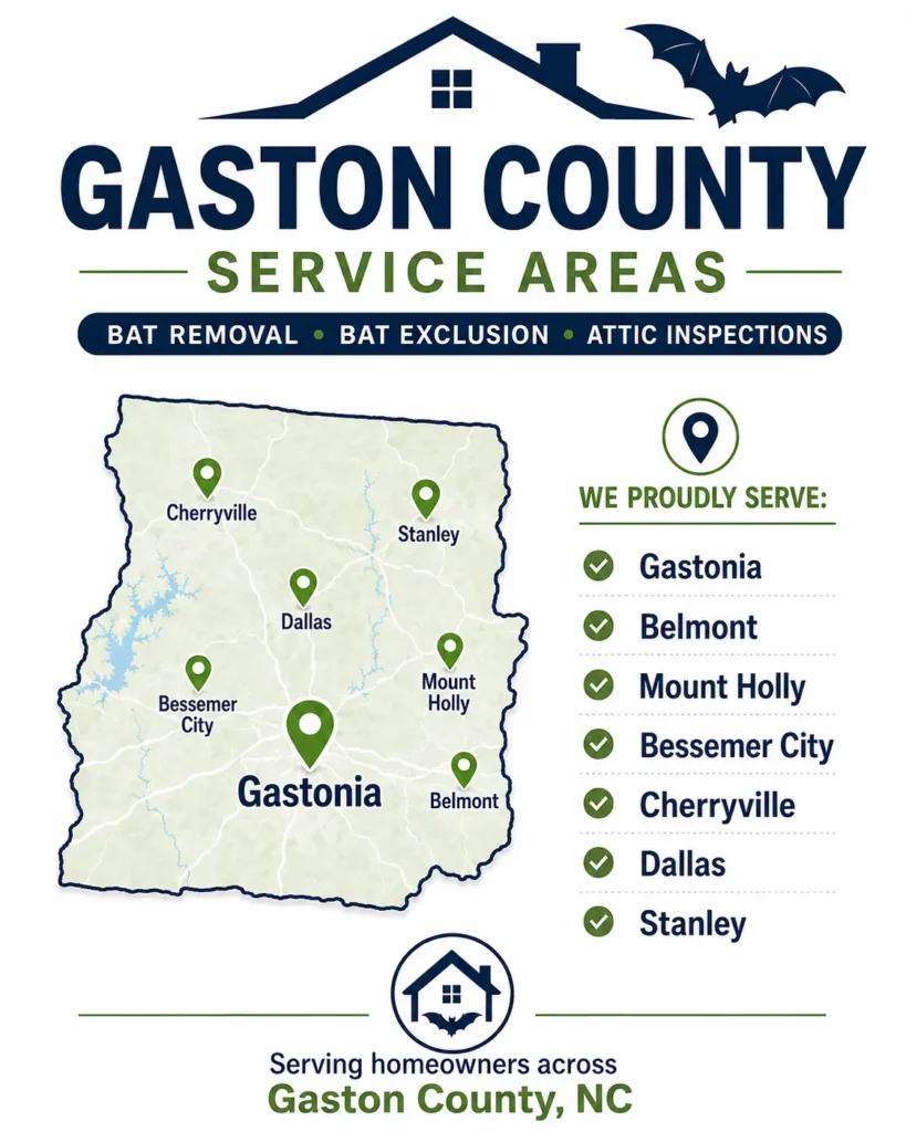 PCA Wildlife bat removal service areas in Gaston County NC including Gastonia, Belmont, Mount Holly, Bessemer City, Cherryville, Dallas, and Stanley.