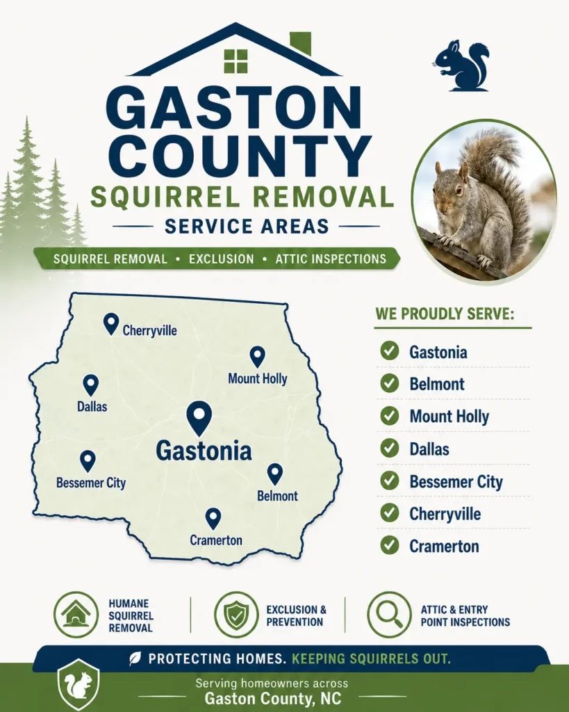 Gaston County NC squirrel removal service area map for PCA Wildlife, featuring Gastonia, Belmont, Mount Holly, Dallas, Bessemer City, Cherryville, and Cramerton.