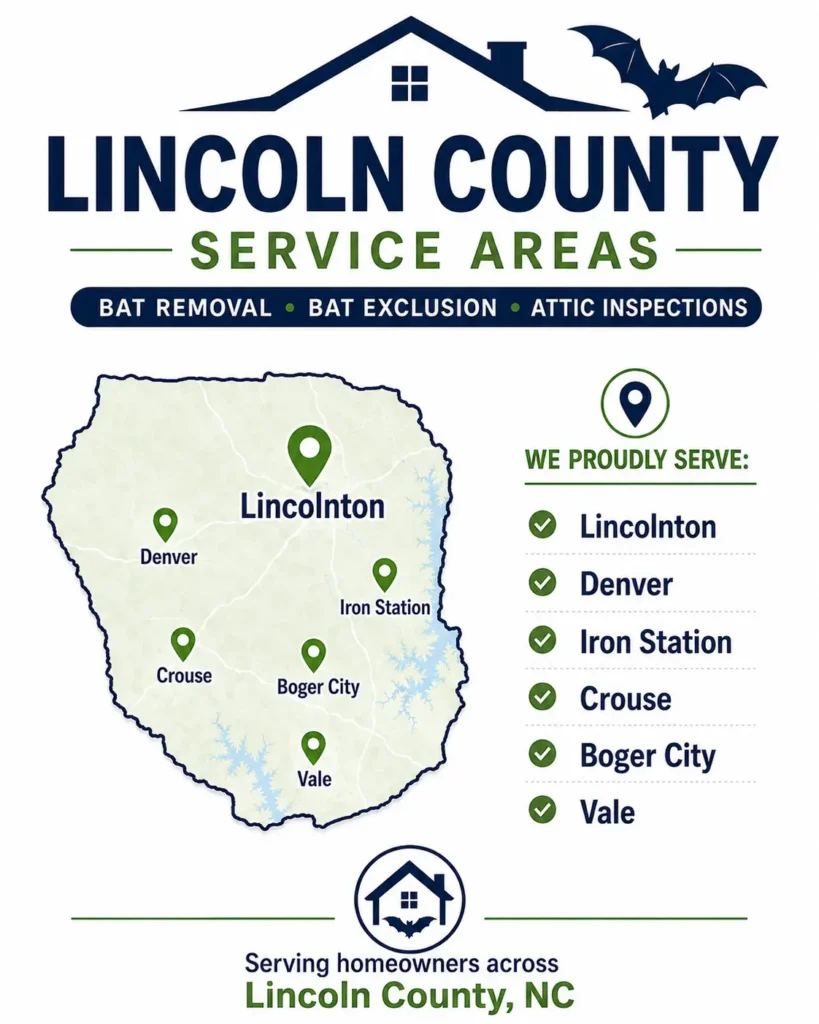 PCA Wildlife bat removal service areas in Lincoln County NC including Lincolnton, Denver, Iron Station, Crouse, Boger City, and Vale.