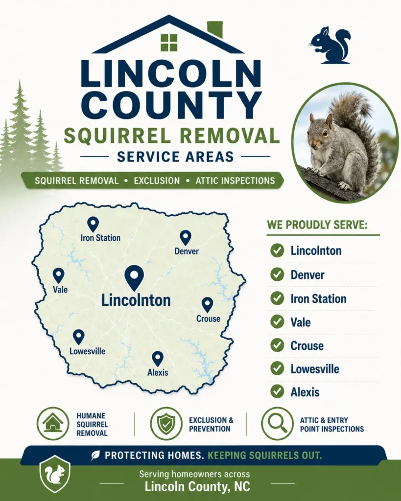 Lincoln County NC squirrel removal service area map for PCA Wildlife, featuring Lincolnton, Denver, Iron Station, Vale, Crouse, Lowesville, and Alexis.