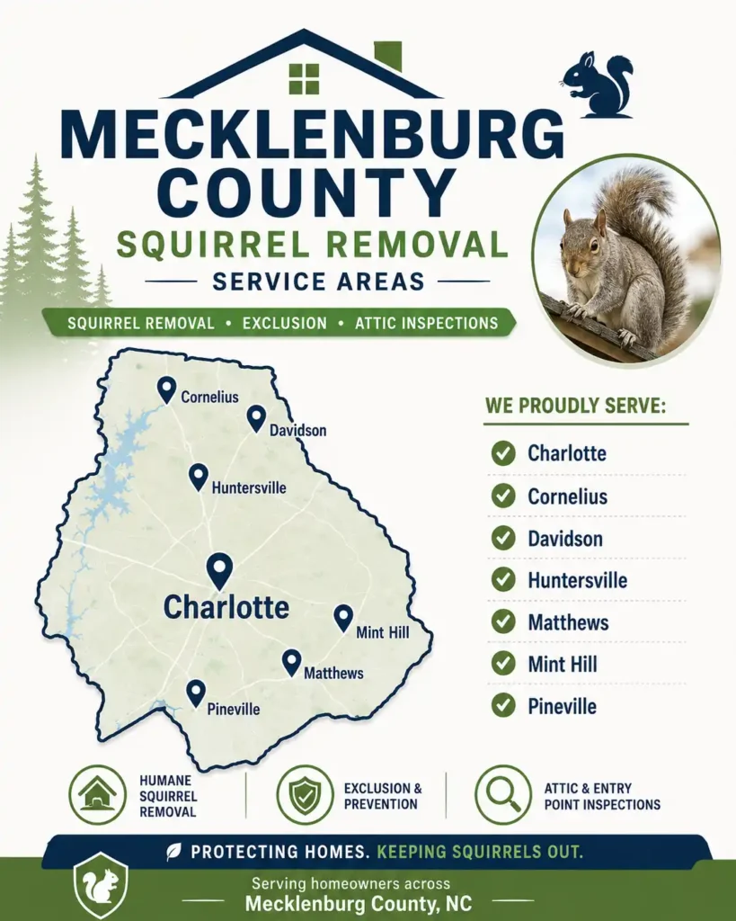 Mecklenburg County squirrel removal service area map for PCA Wildlife showing Charlotte, Cornelius, Davidson, Huntersville, Matthews, Mint Hill, and Pineville.