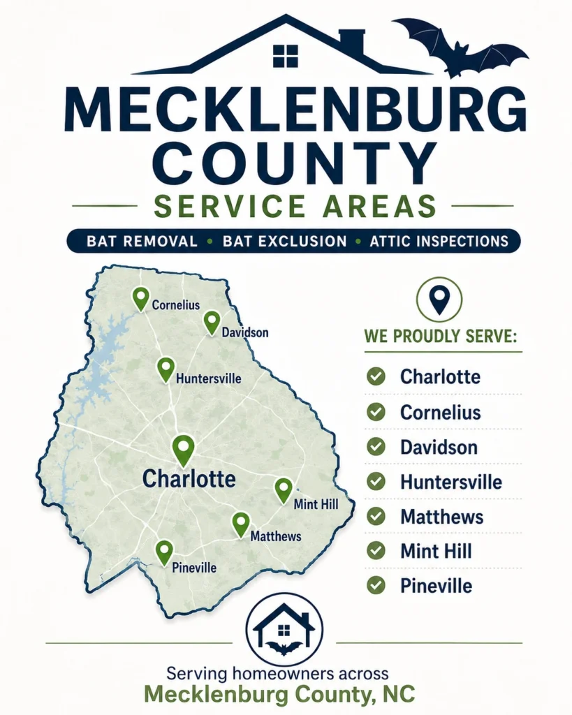 PCA Wildlife bat removal service areas in Mecklenburg County NC including Charlotte, Cornelius, Davidson, Huntersville, Matthews, Mint Hill, and Pineville.