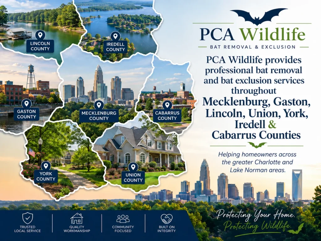 PCA Wildlife bat removal and bat exclusion services in Mecklenburg, Rowan, Gaston, Lincoln, Union, York, Iredell, and Cabarrus Counties near Charlotte and Lake Norman.