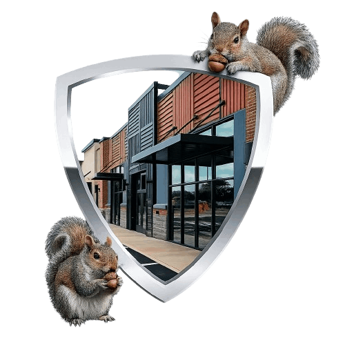PCA Wildlife squirrel removal image showing squirrels around a protective shield with a commercial building for residential and commercial squirrel control services.