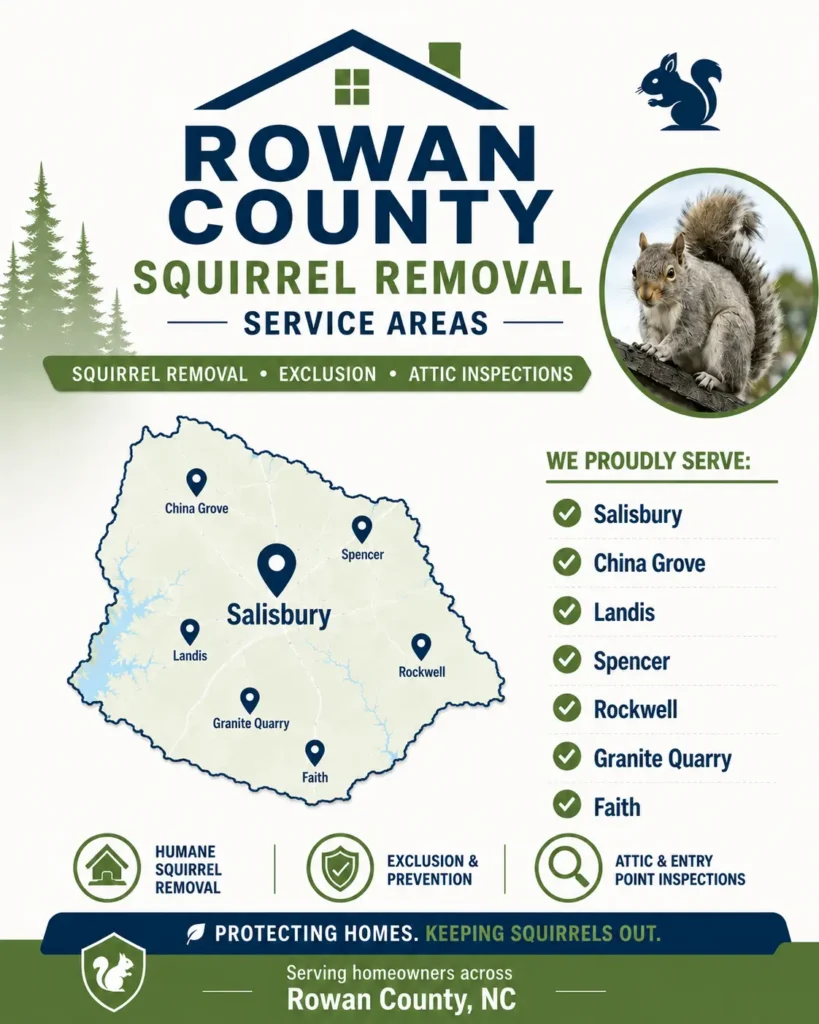 Rowan County NC squirrel removal service area map for PCA Wildlife, featuring Salisbury, China Grove, Landis, Spencer, Rockwell, Granite Quarry, and Faith.