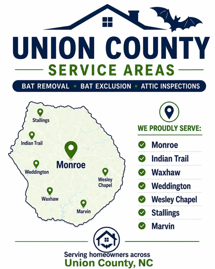 PCA Wildlife bat removal service areas in Union County NC including Monroe, Indian Trail, Waxhaw, Weddington, Wesley Chapel, Stallings, and Marvin.