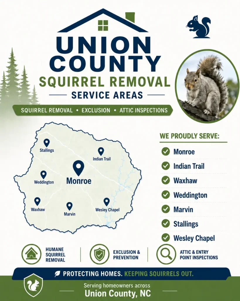 Union County NC squirrel removal service area map for PCA Wildlife, featuring Monroe, Indian Trail, Waxhaw, Weddington, Marvin, Stallings, and Wesley Chapel.